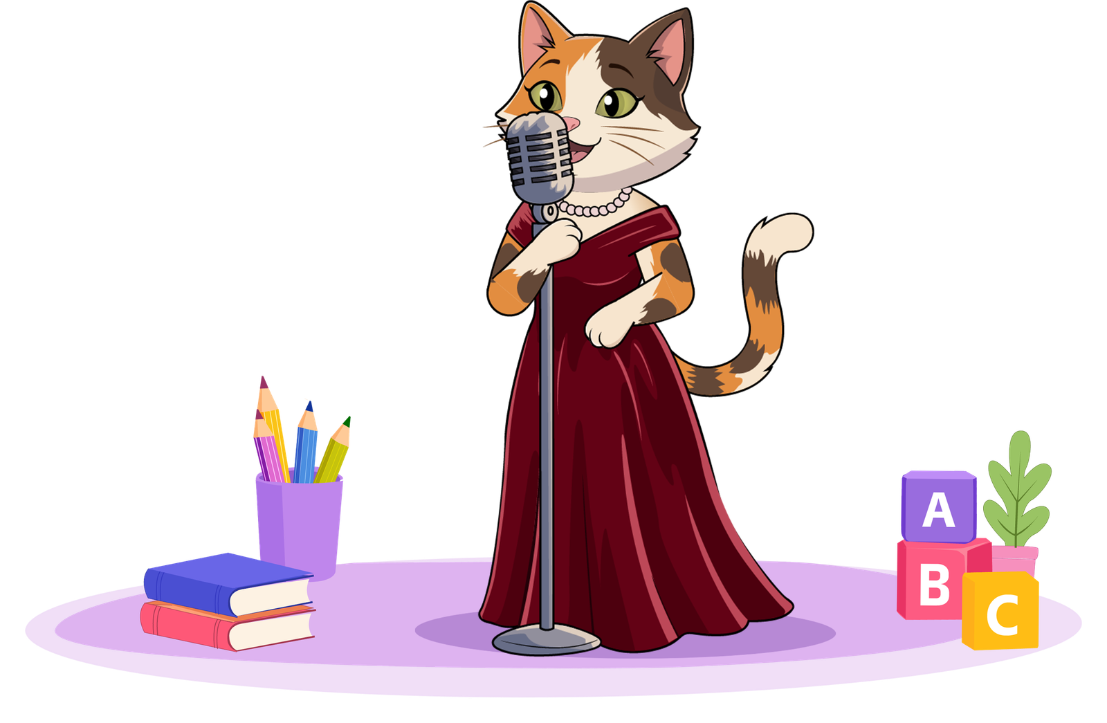 Cat character singing into a microphone