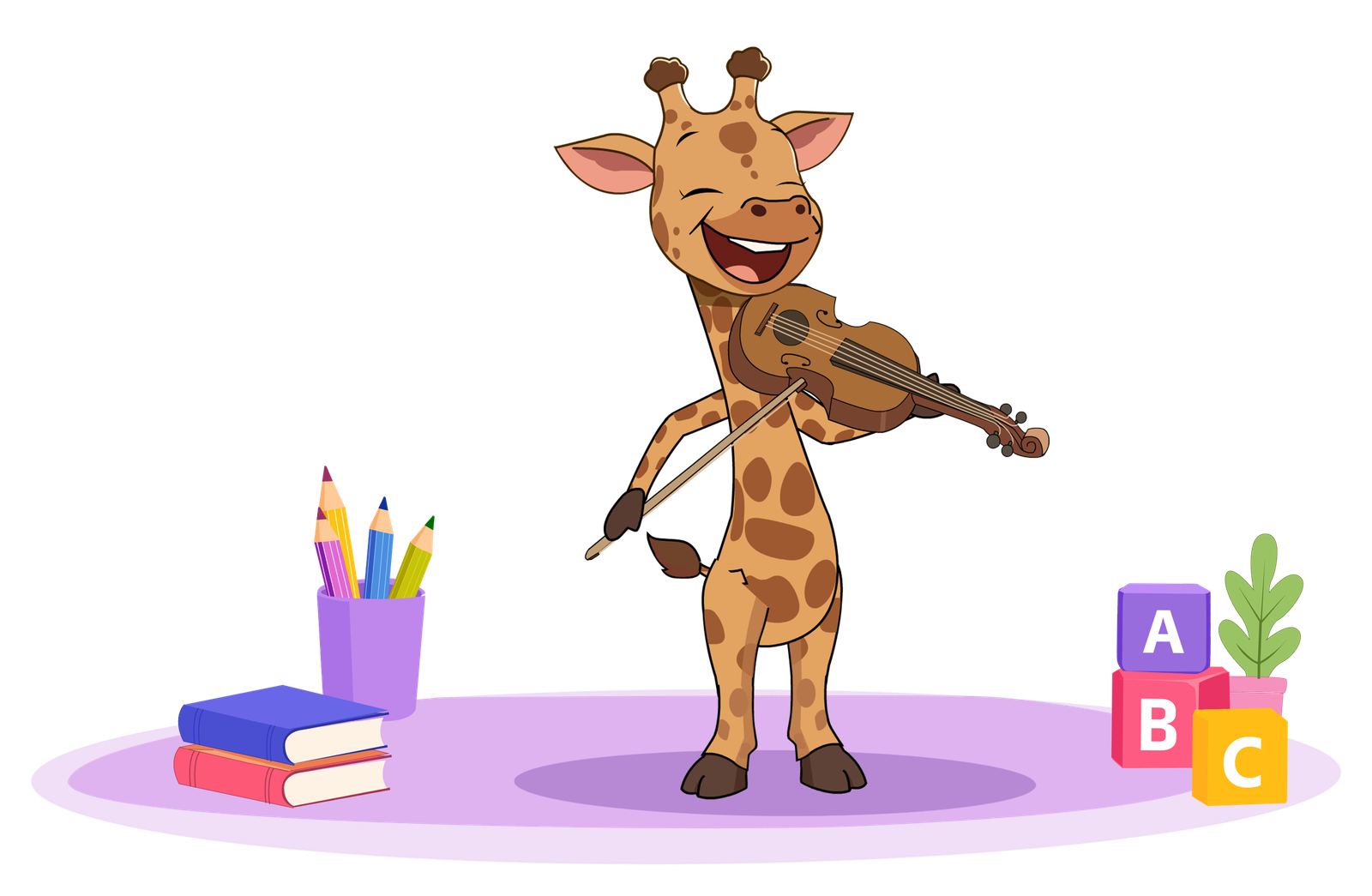 Giraffe character playing a violin