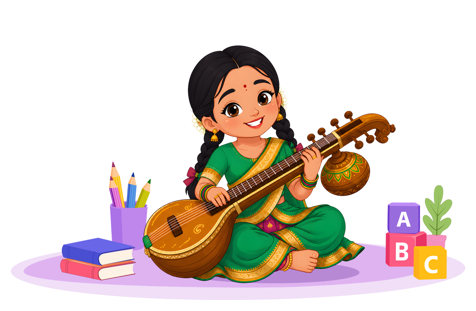 Girl playing a traditional Indian veena instrument