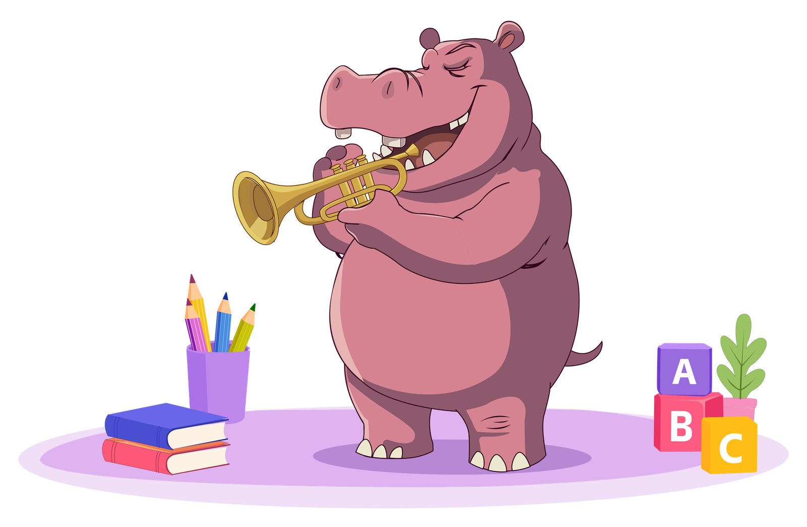 Hippopotamus character playing a trumpet