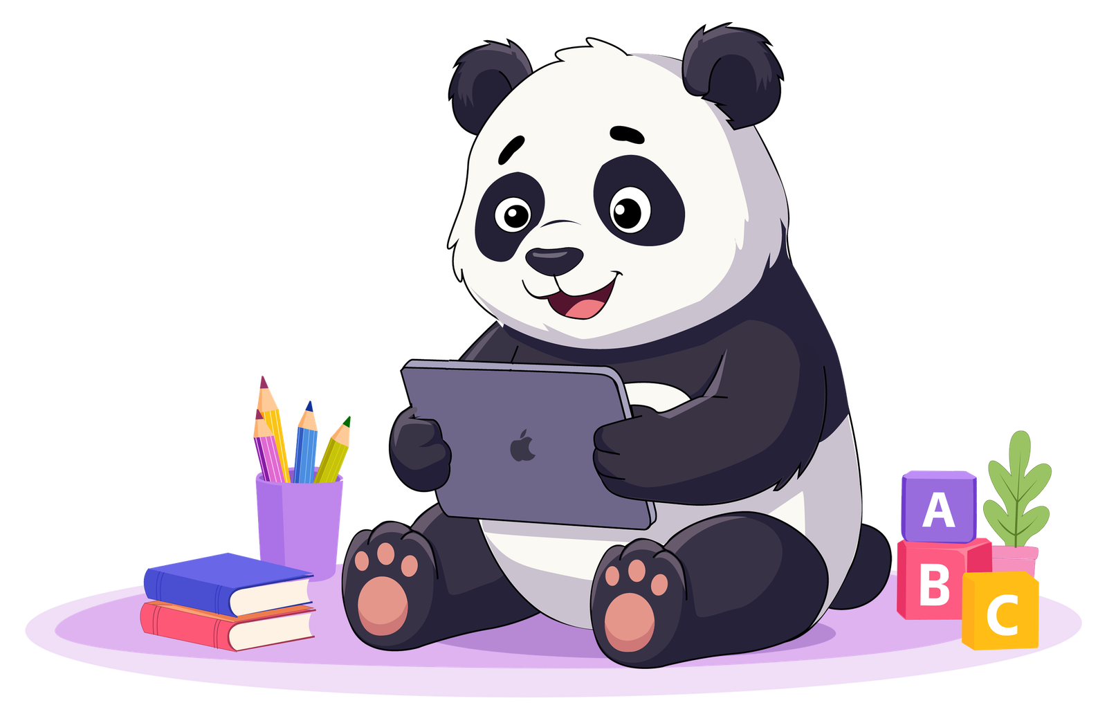 Panda character with a tablet